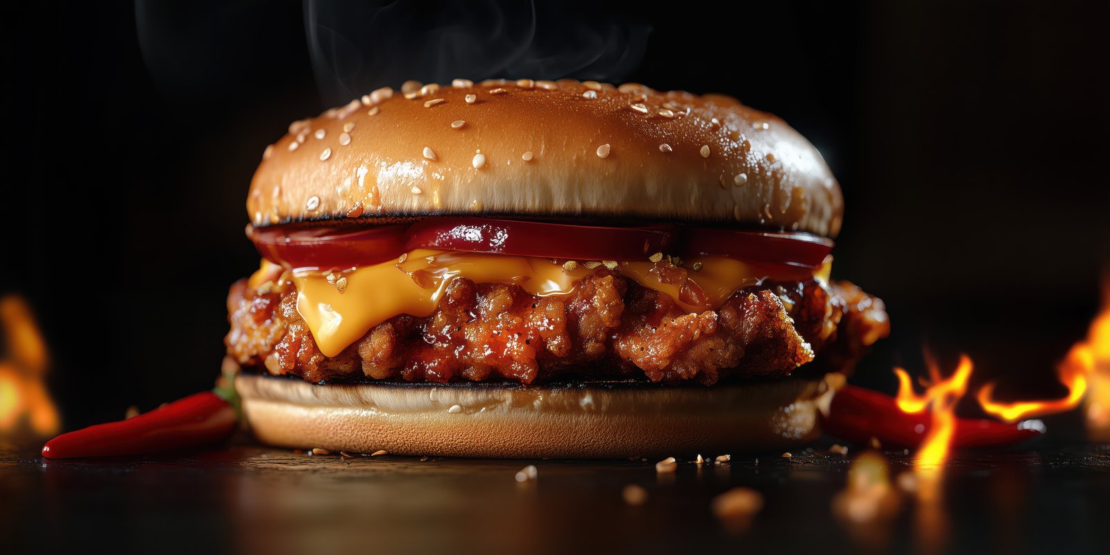 Juicy fried chicken sandwich with melted cheese and sauces served against a dark background with flames